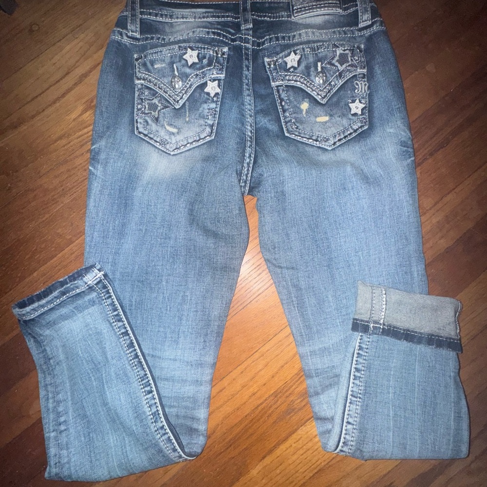 Miss Me Blue Ankle Cropped Jeans with Decorative Stitching